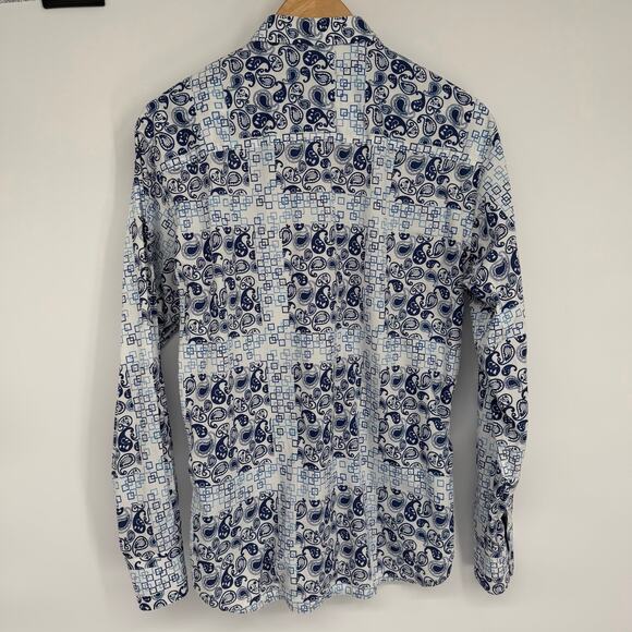 Luchiano Visconti Shirt Men's Medium Blue & White Paisley Geometric Print Luxury - Picture 8 of 11